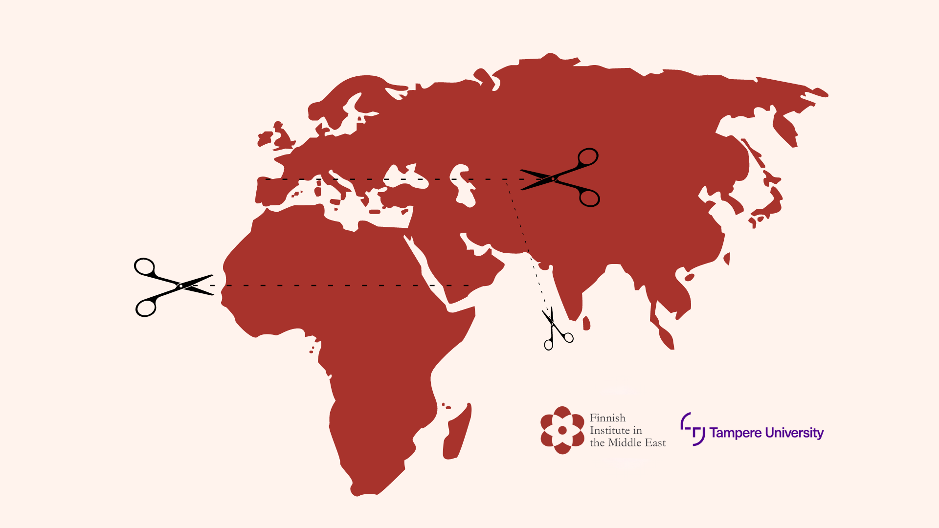World map with FIME and Tampere University logos. Pairs of scissors and dotted lines outline the Middle East and North Africa on the map.